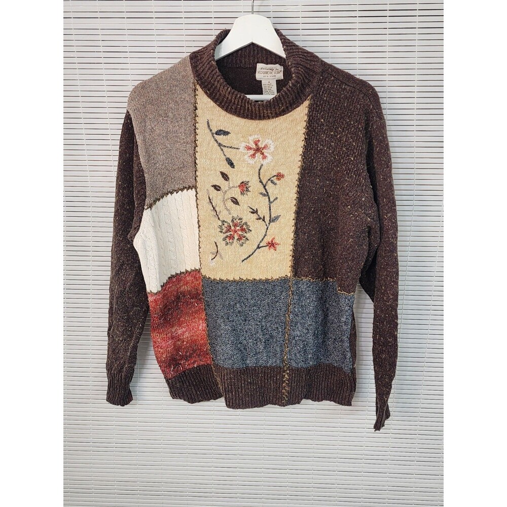 Vintage 80s Brownstone 1X Wool Blend Sweater Embroider Floral Browns Red Creams